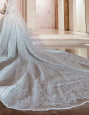 White Ball Gown Wedding Dress Sweetheart Neckline Short Sleeve Beaded Train
