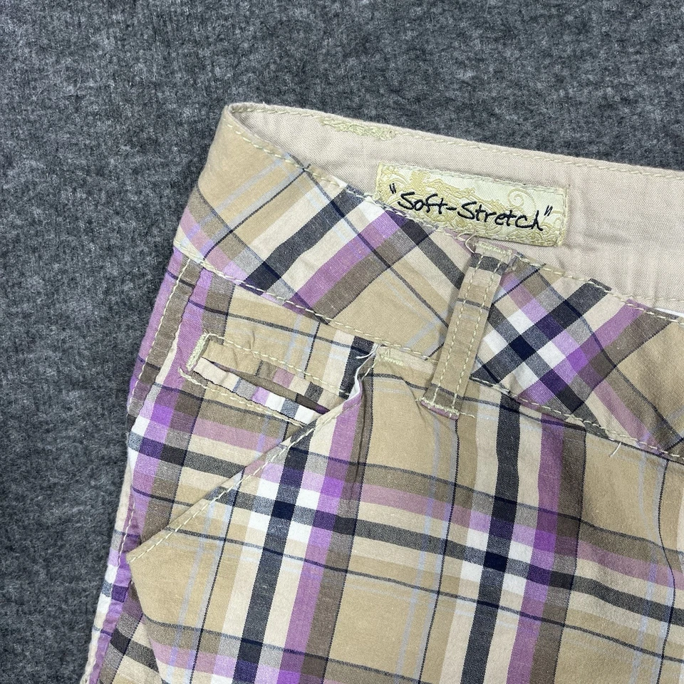 Pantalones Cortos Y2K OTB Premium Para Mujer Junior 5 Púrpura Caqui A Cuadros Tiro Bajo 2.5” Entrepierna Foto 2 de 4