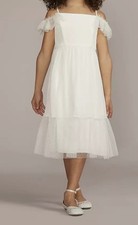 David's Bridal DB Studio Crinkle Chiffon Boho Flower Girls White Dress Size 10