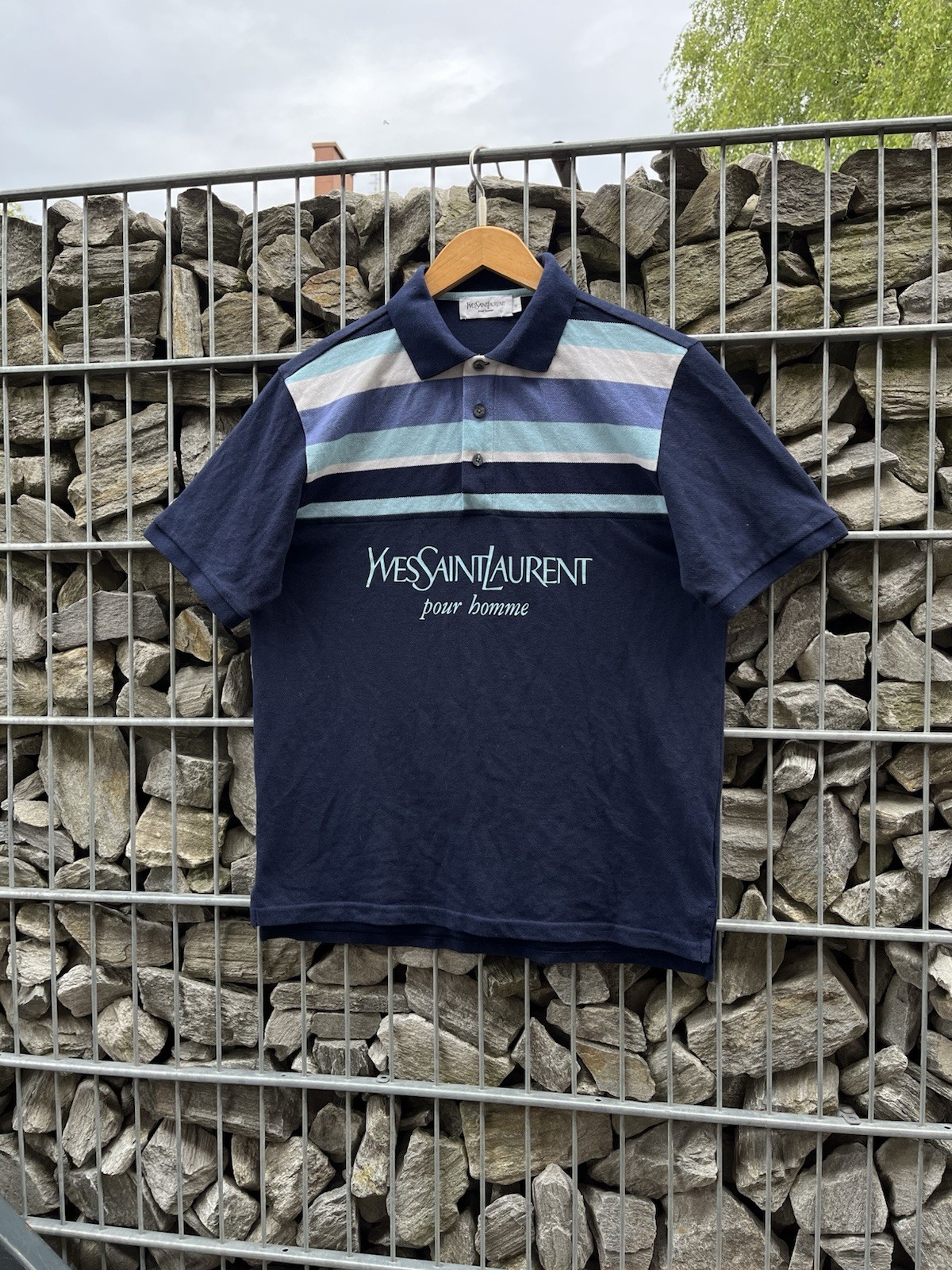 Polo Yves Saint Laurent logo grande blu navy taglia M uomo rara vintage