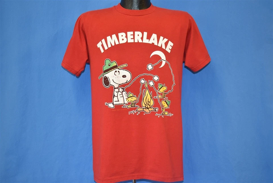 复古 80 年代 PEANUTS TIMBERLAKE SNOOPY WOODSTOCK CAMP FIRE TOURIST CARTOON T 恤 M — 第 2/4 张图片