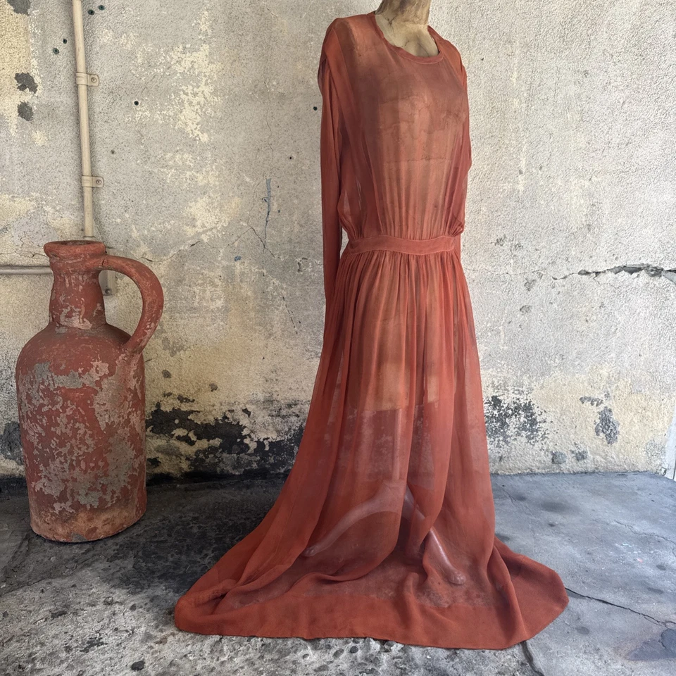 Vestido vintage de gasa de seda color óxido años 30 mangas largas largo completo pliegue transparente Foto 4 de 4