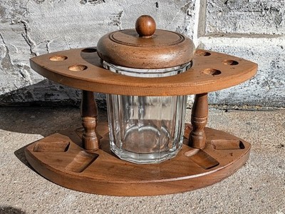 tobacco stand Vintage Mid Century Solid Wood 6 Pipe Holder Stand w/ Glass Tobacco Jar  Humidor