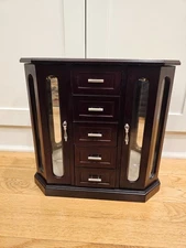 Wood Reddish/brown Folding Cabinet Jewelry Box Necklace 5 Drawer 2 Side Doors