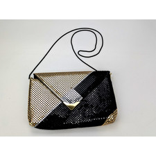 VTG Metallic Metal Mesh Black Gold Crossbody Bag Purse Mid Century Evening