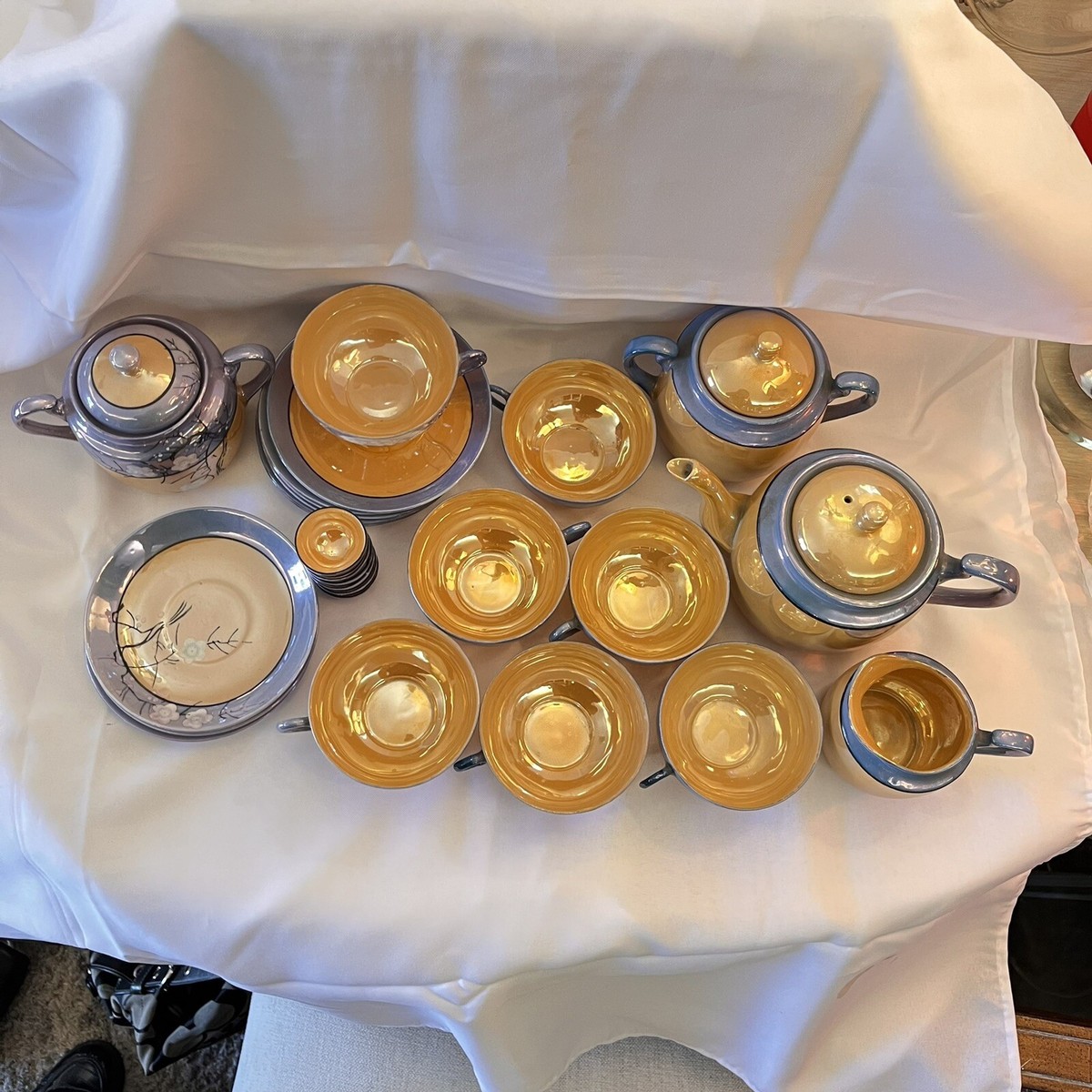 Vintage 32 Piece Hand Painted Lusterware Blue and Orange Vintage 32 Piece Hand Painted Lusterware Blue and Orange