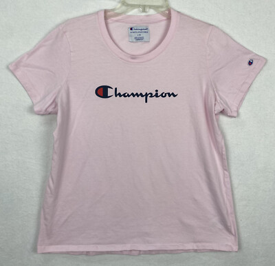Champion Women Top Large Light Pink T-Shirt Logo Embroidered Short Sleeve Tee