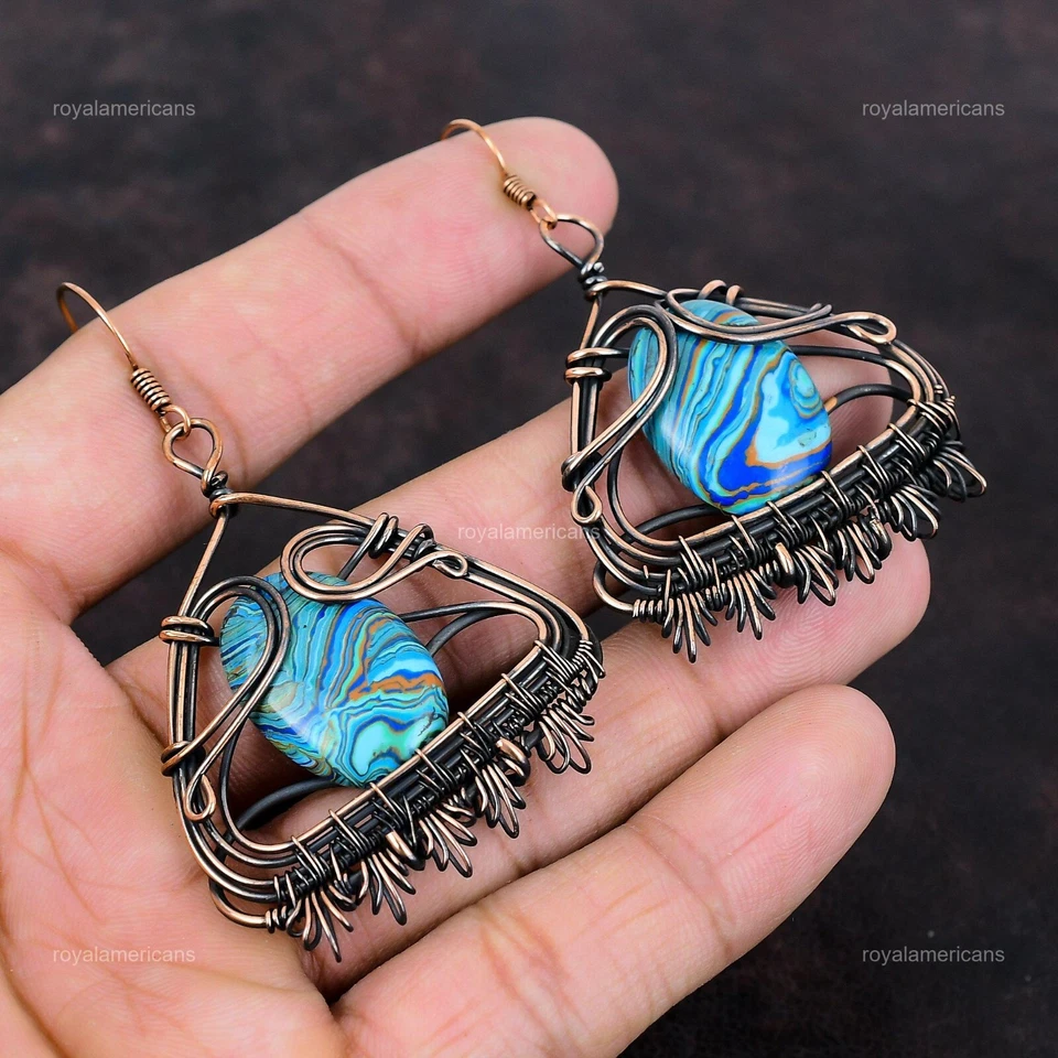 Pendientes colgantes de hija Art Deco de cobre con piedras preciosas de calílice arco iris joyería Foto 3 de 4