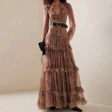 Casual Bohemian Dress V-neck Ruffled High Waisted Evening Gown Long Skirt
