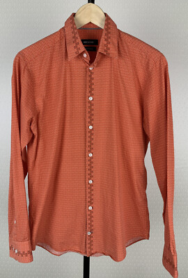 BOGIE Herren Gr. S 37-38 Hemd langarm Shirt orange weiß gepunktet Baumwolle 8A2