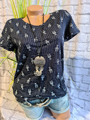 Cecil Shirt Bluse Damen Kurzarm blau weiß mit Aufdruck Gr. S (228) NEU