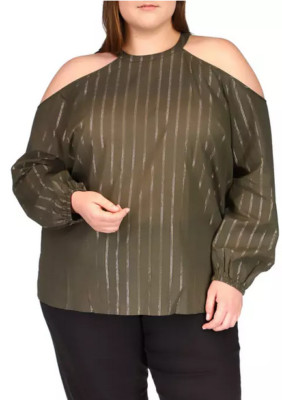 $88 MICHAEL Michael Kors Plus Size Metallic Cold Shoulder Top Cotton Green, 1X