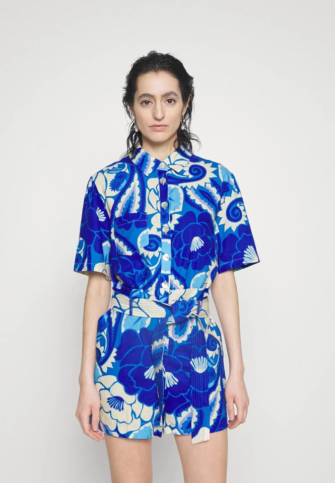 Macacão FARM RIO azul branco floral tropical groover mistura de linho L 12/14 - Imagem 4 de 4