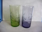 2x Coca Cola glasses green purple Property of Coca Cola Company used rare vintag