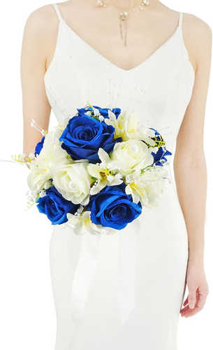 Royal Blue & White Wedding Bouquets for Bride Bridesmaid Bouquet Artificial Rose