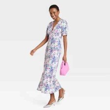 WOMEN'S SIZE M SHORT PUFF SLEEVE PRINT MIDI DRESS-A NEW DAY- 35