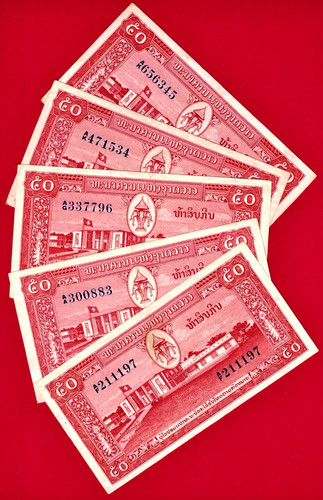 RARE LAOS 50 KIP 1957 ELEPHANT CIRC. NOTE w/o Sec. Dots - One Note Only Pick-5b
