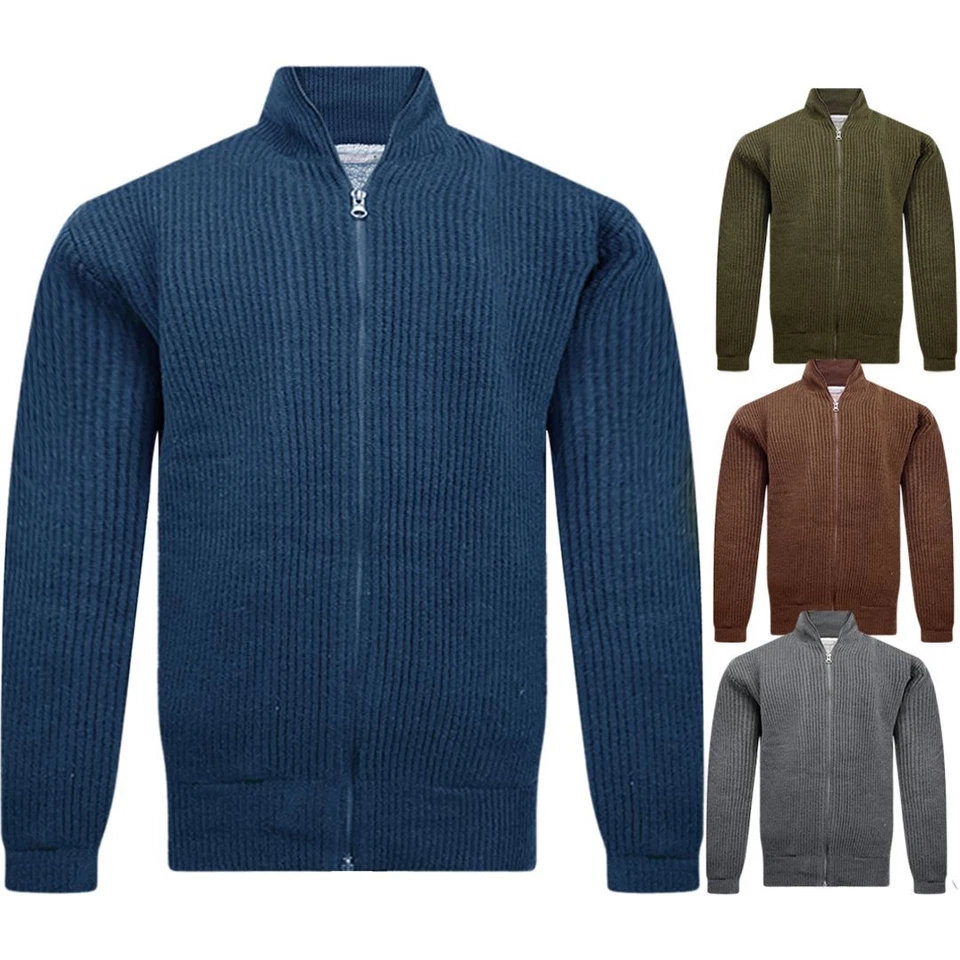 EX-BRAND Ex-M&S Mens Sherpa Fleece Lined Chunky Ribbed Knitted Zip Thick Weaved Cardigan