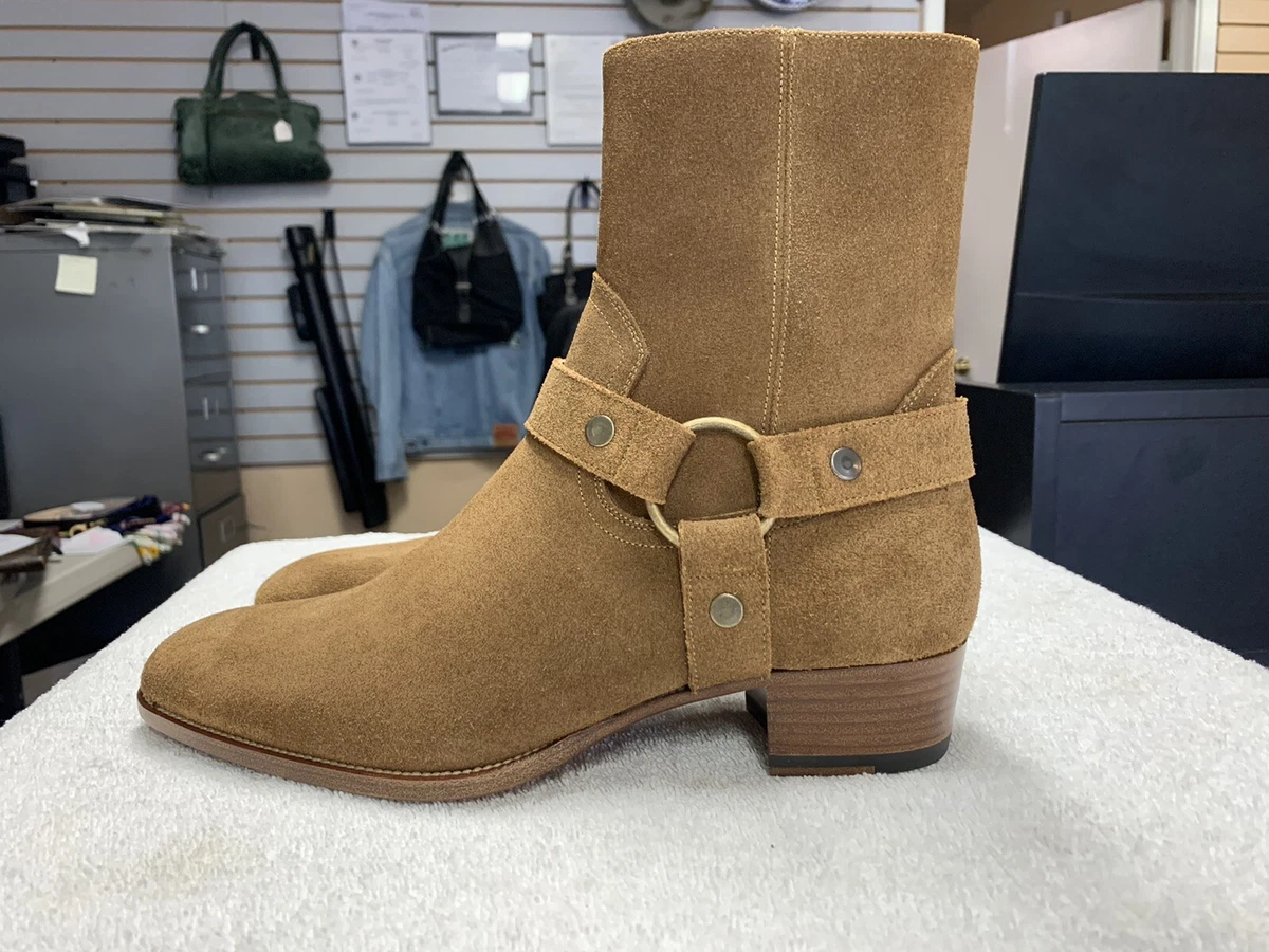 YSL Saint Laurent Wyatt Harness Suede Camel Brown Boots Size 9.5