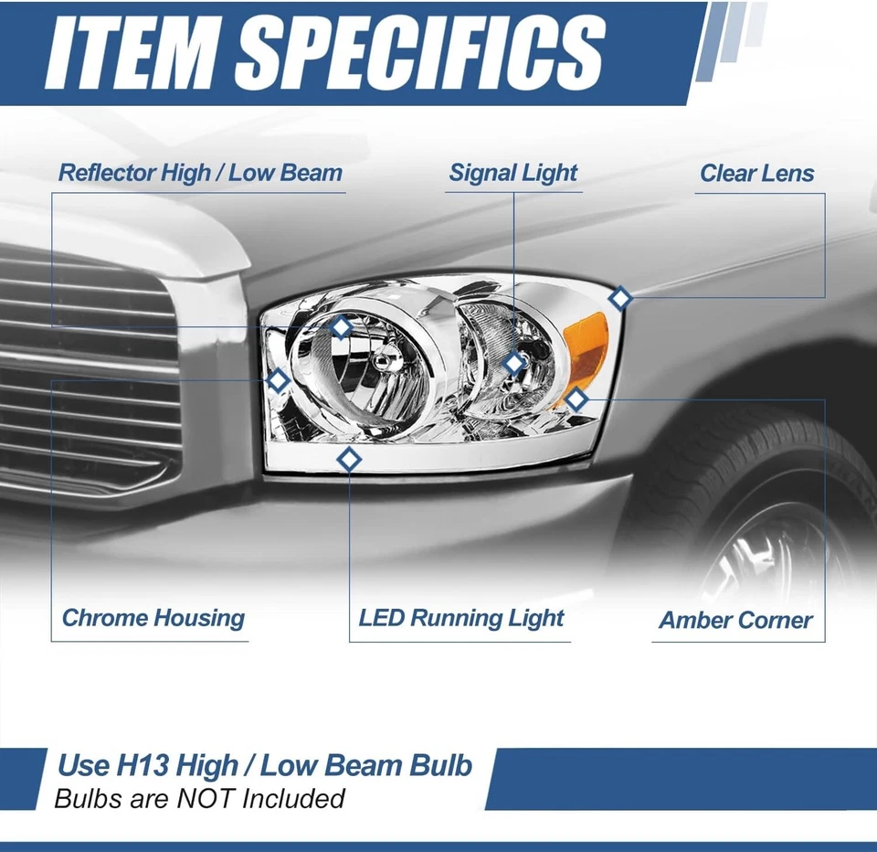 Carcasa Cromada Faro LED DRL Señal Ámbar para 06-09 Dodge Ram 1500/2500/3500 Foto 3 de 3