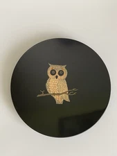 Couroc of Monterey CA Owl Inlaid Wood Brass Small Dish Tray Original Sticker 7”