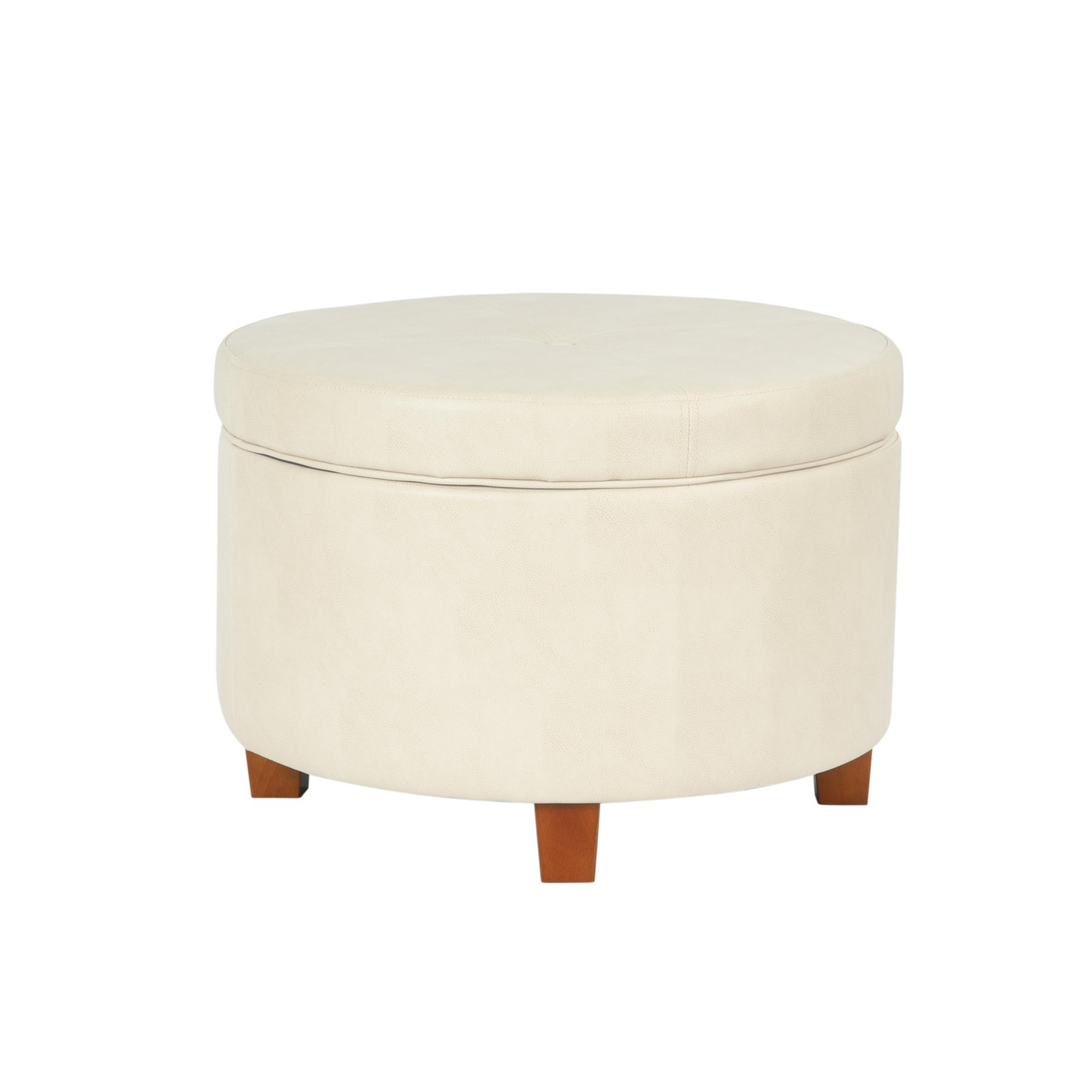 Large Leatherette Round Storage Ottoman with Removeable Lid, Cream