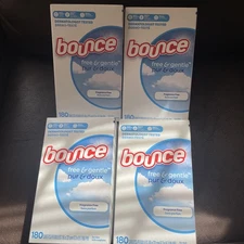 (4)Bounce Free & Gentle Dryer Sheets, 180ct Ea= 720 Ct Unscented Fabric Softener