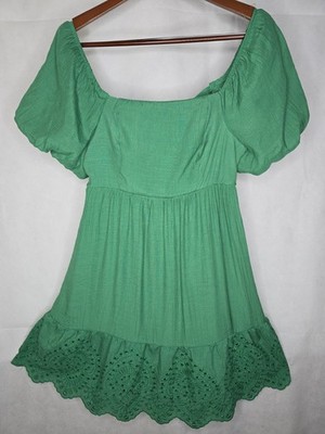 Lily Rose Mini Dress Green Eyelet Empire Waist Puff Sleeve Tie Back M NWT