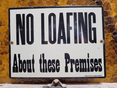 VINTAGE TRAIN PORCELAIN SIGN OLD RAILROAD STATION NO LOAFING ON PLATFORM TRACKS