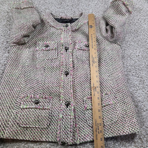 Talbots Tweed Fringe Blazer Womens 14P Pink Green Career Casual Lined 3/4 Sleeve - Picture 5 of 7
