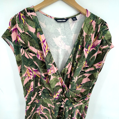 Lands End Maxi Dress Women 2X Green Tropical Hawaiian Bird of Paradise Print