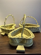 Set of 3 RARE Vintage Yellow Woven Wicker and Wood Baskets with Handles