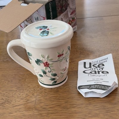 Pfaltzgraff Winterberry Hand Painted Earthenware Covered Mug with Infuser 12 oz