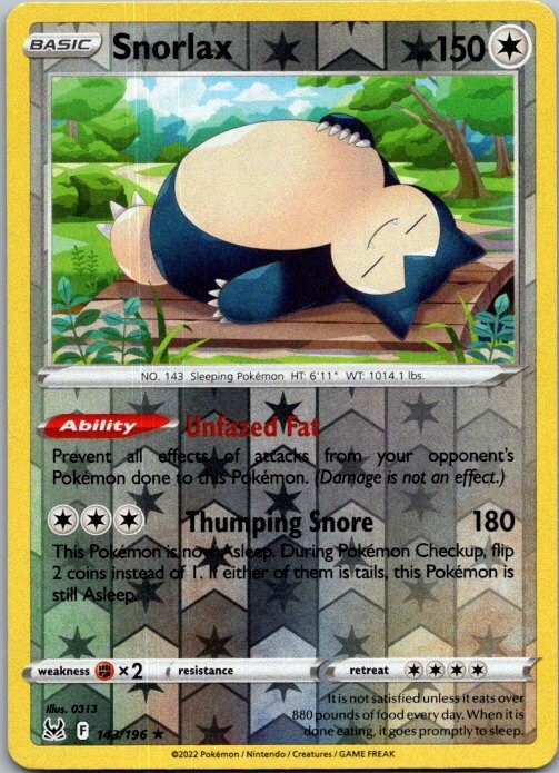 Snorlax Holo Rare SWSH11: Lost Origin 143/196 NM