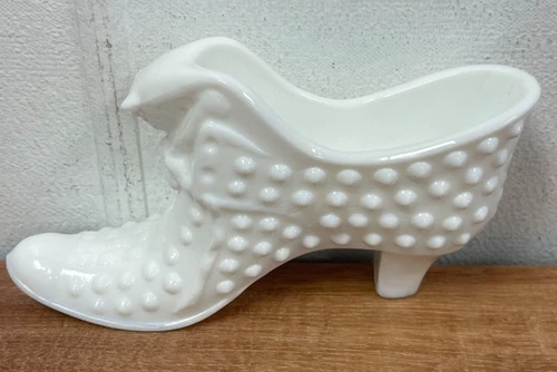 Fenton Milk Glass White Hobnail Vintage Cat Head Glass Shoe Slipper