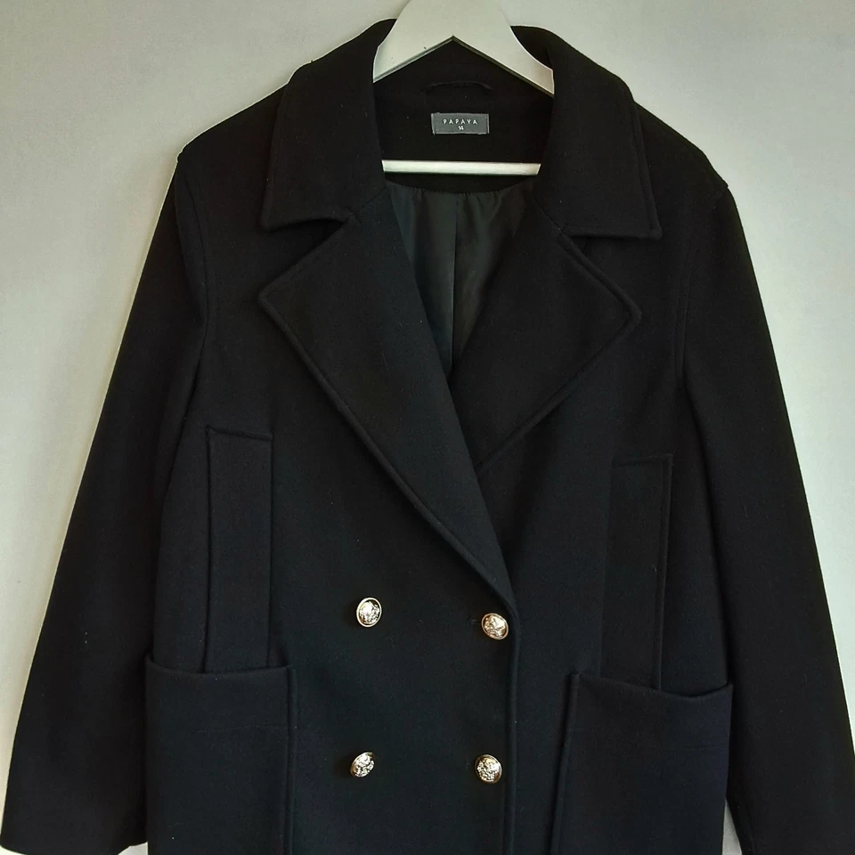 Abrigo Papaya Pea Talla 14 Negro Dorado Botones Doble Pecho Trinchera Largo Medio Foto 3 de 4