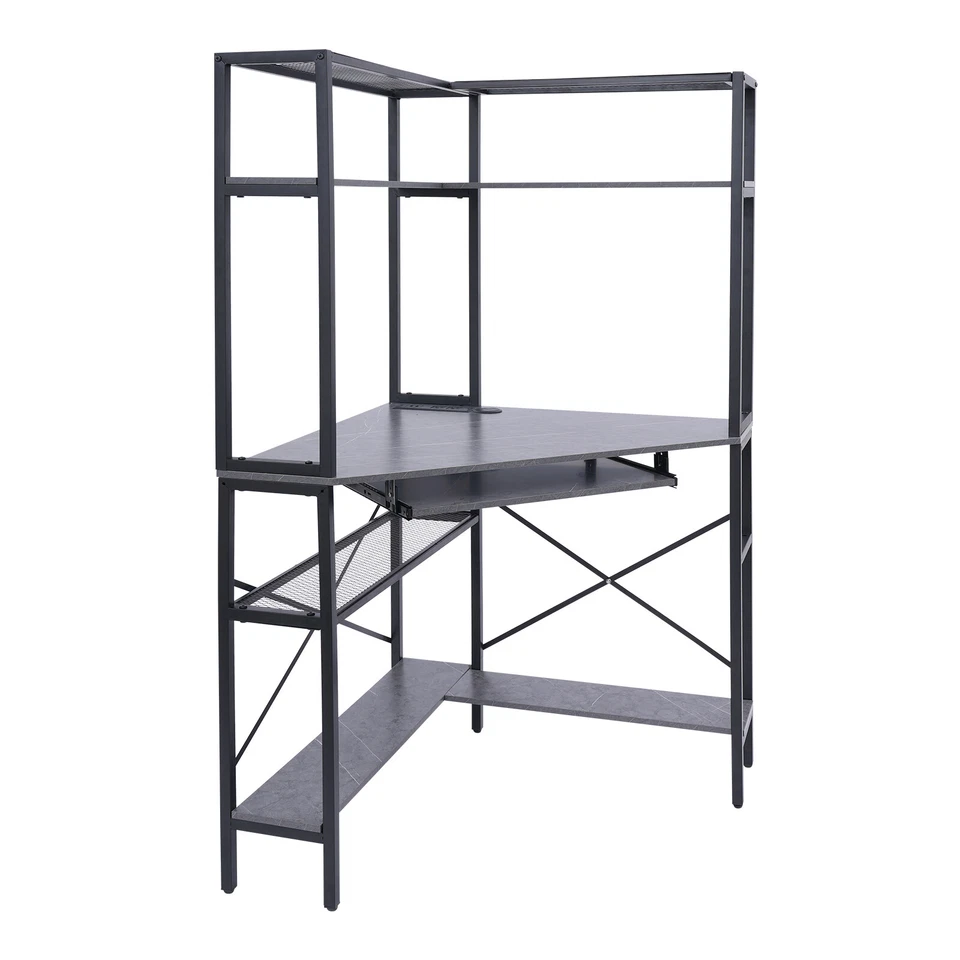 Escritorio de computadora triangular con luces LED y toma de corriente, escritorio de esquina de oficina en casa Foto 4 de 4