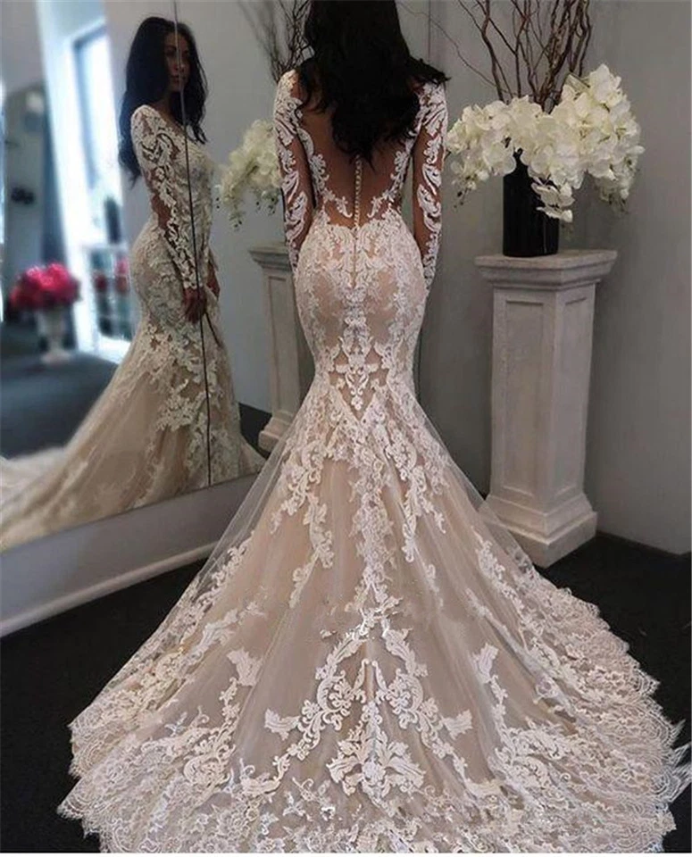 Luxury Mermaid Wedding Dresses Long Sleeve Lace Applique Bridal Gown Sweep Train - Image 2 of 4