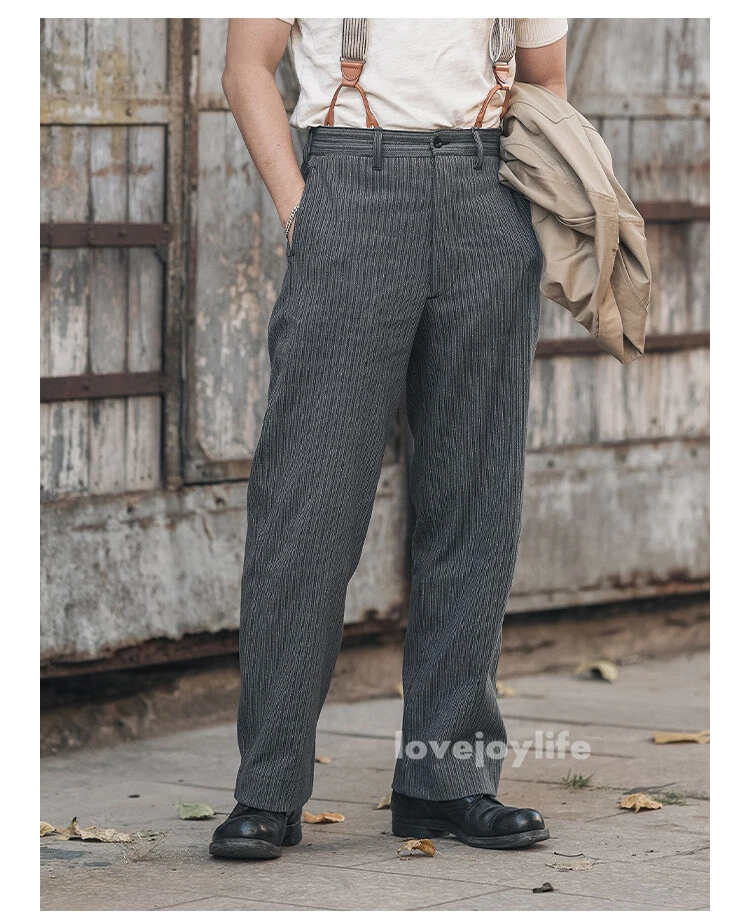 Bronson Vintage Black & Grey Striped Pants Men Suit Trousers Cotton Casual Pants - Picture 16 of 23
