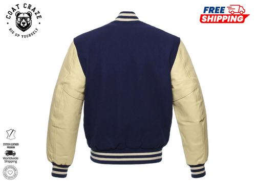 Premium Quality Men's Navy Wool/natural Leather Varsity Jacket with Cream Trim - Picture 2 of 5