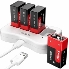 9V Rechargeable Li-ion Batteries 850mAh & 4 Slot USB 9-Volt Battery Charger Lot