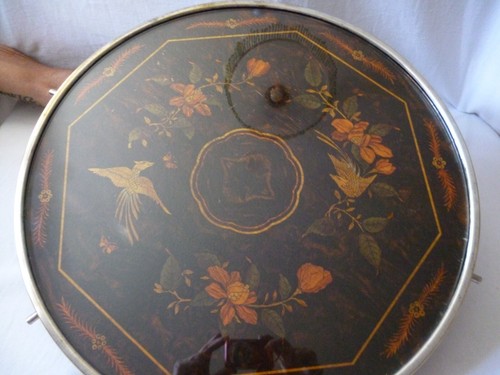 Art Deco drehbare Servierplatte Tischaufsatz Holz Intarsien Paradiesvogel Glas - Picture 5 of 8