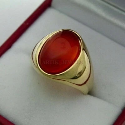 Naturel Rouge Onyx Pierre Précieuse Avec 14K Argent Plaqué Or Bague pour Hommes - Photo 1/4