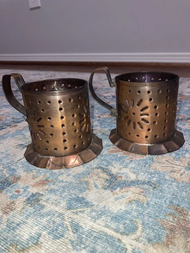 2 Early Pfaltzgraff Village 4 7/8" 8 oz. Cup or Mug & Punched Copper Holders