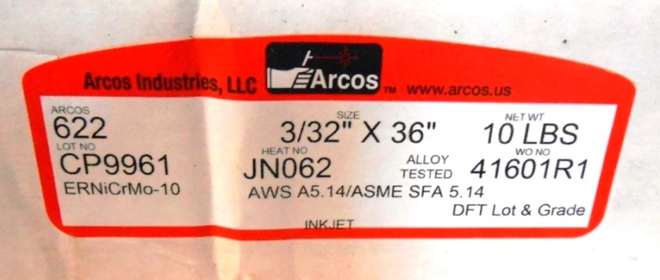 ARCOS, VARILLAS DE SOLDADURA, 622, 3/32" X 36", MATERIAL DE RELLENO, ALEACIÓN DE NÍQUEL Foto 2 de 3