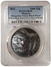 2023 2 Oz Silver Mongolia FALCON PCGS PF70 FDOI High Relief Black Proof Coin.