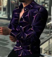 Button Up Shirt Men Purple Pink Long Sleeve Classic Fit Geometric Casual Dress T