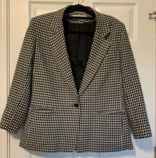 Vintage Boxy Houndstooth Lined Wool Blend Blazer Single Button Shoulder Pads