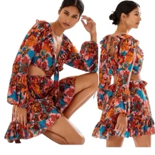 Love The Label Anthropologie Floral Cut-Out Mini Dress Printed Ruffle Size XS