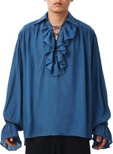 PIRATE Renaissance Medieval Ruffle Ruffled Blue Tunic Costume Shirt MEN XL